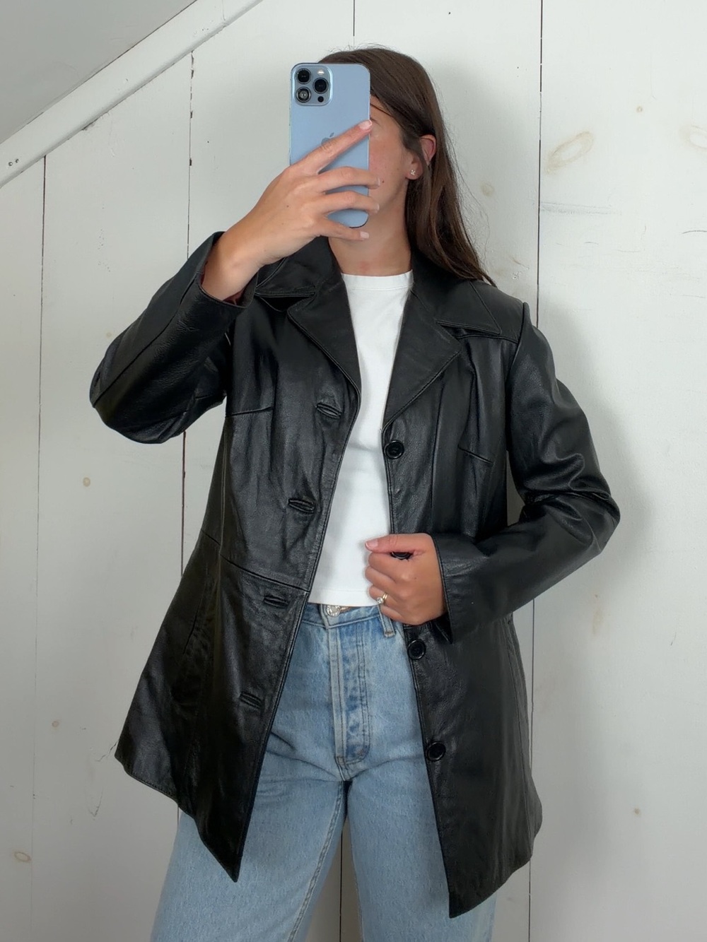 Vintage Wilsons Black Genuine Leather Button Front Blazer Jacket Women’s S 90s